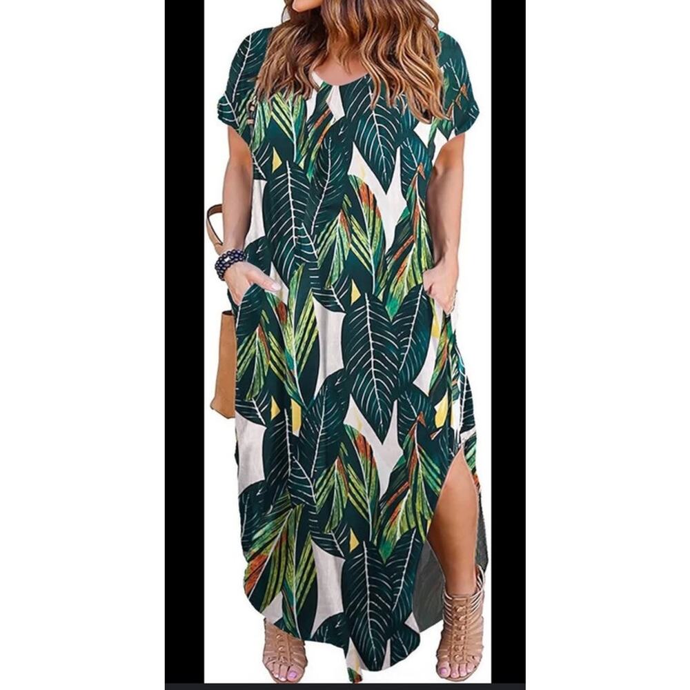 NWT Kancystore Plus XXL Tropical Leaves Short Sleeve T-Shirt Maxi Dress Pockets
